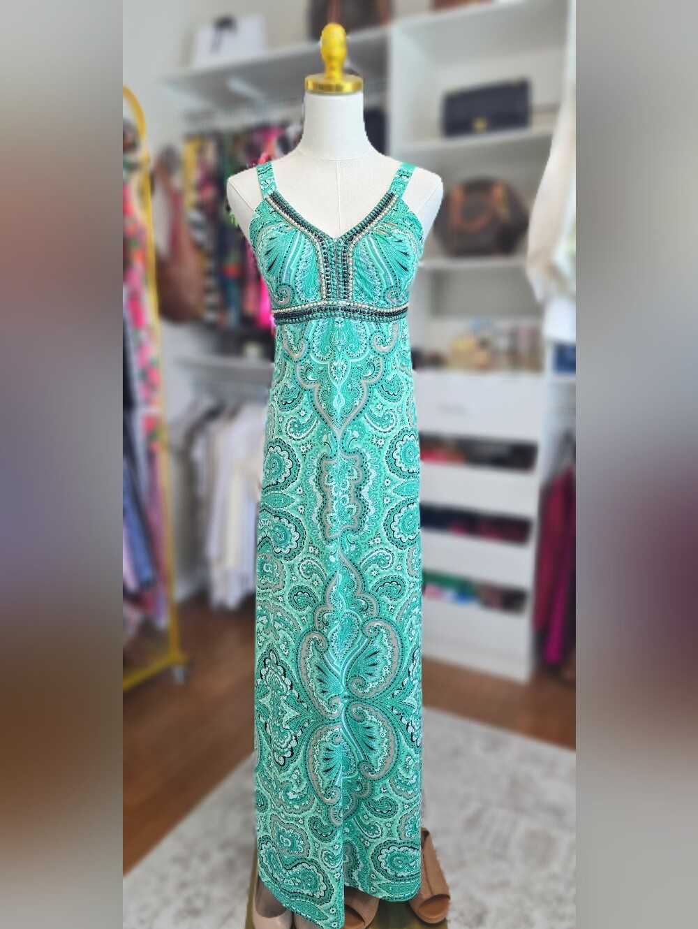 International Concepts Turquoise Paisley Beaded Maxi Dress Size XS